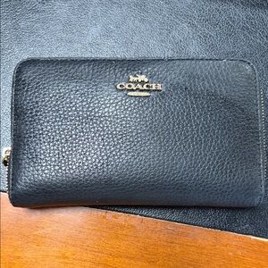 Coach Black Pebbled Leather Zip Wallet with Gold Logo